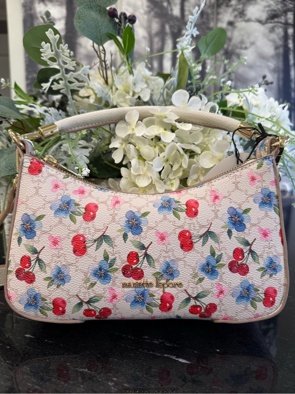 🍃🫐🍒NWT Nanette Lepore Cherry Floral Palloma Crossbody Baguette Shoulder Bag.